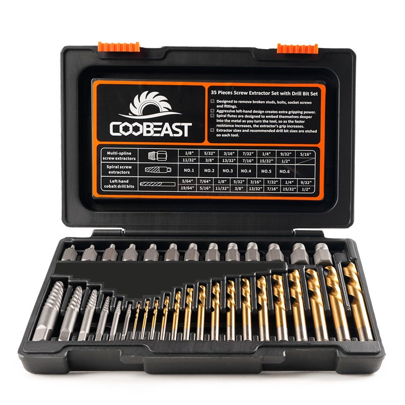 طقم مستخرج براغي 35 قطعة من Coobeast ورؤوس مثقاب لليد اليسرى، طقم مستخرج براغي سهل الخروج مع مثقاب عكسي من الفولاذ HSS لإزالة البراغي المكسورة والمكسرات - Image 1